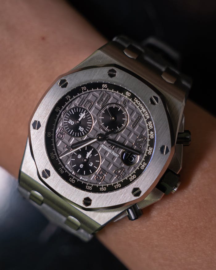 Detailed shot of a luxury Audemars Piguet Royal Oak Offshore wristwatch showing intricate design.